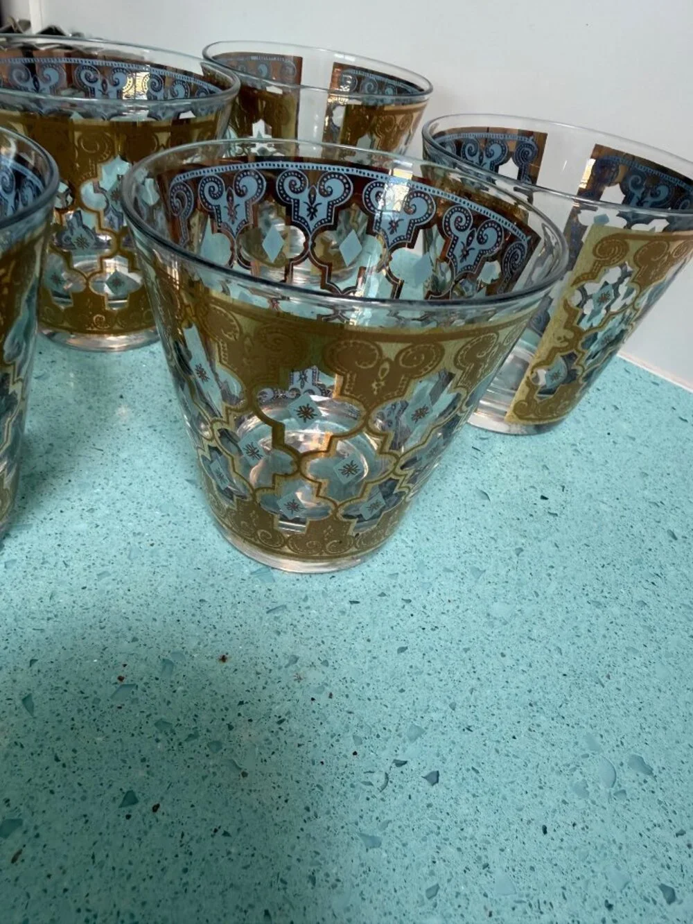 Culver Set of 5 MCM Seville 22K Gold Lattice Cocktail Glass Blue Vintage Rare